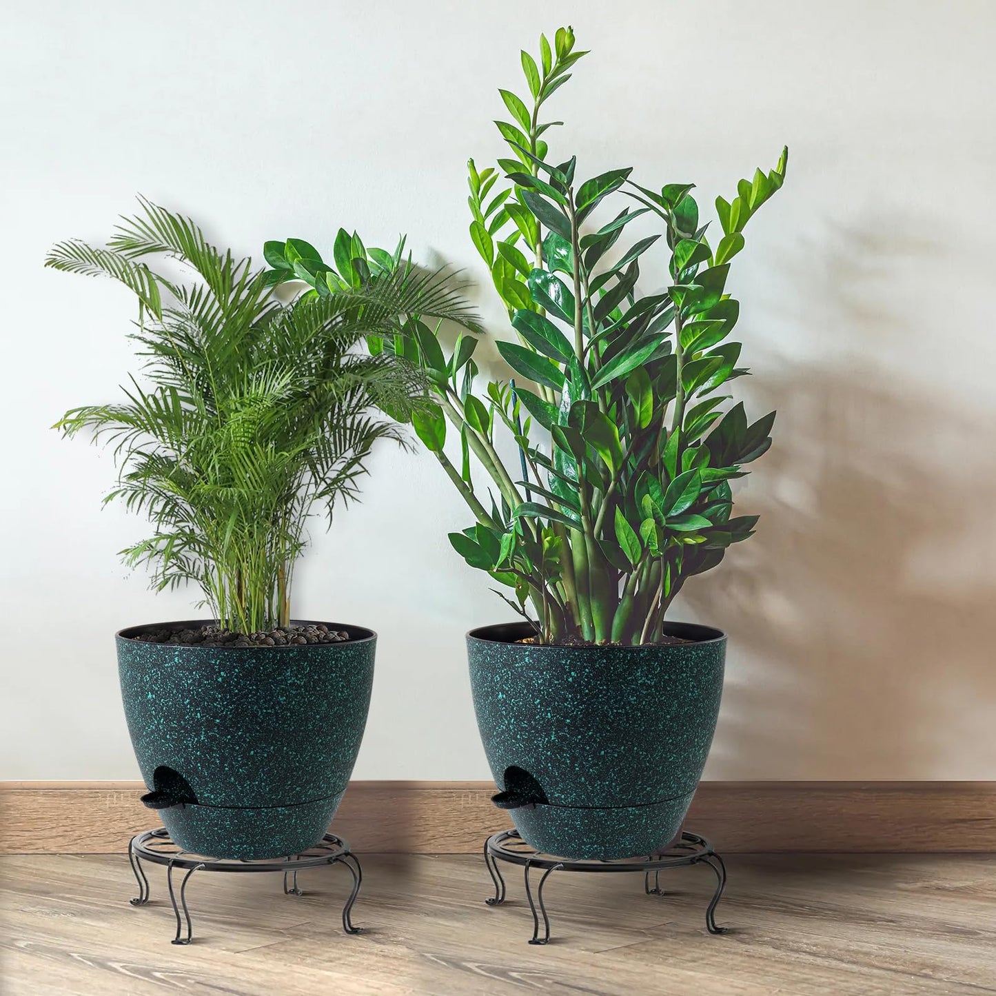 12inch 2Pack Large Self Watering Planters, Plastic Plant Pots with 60oZ Removable Deep Reservoir and Multi Mesh Drainage Holes for Indoor Outdoor Garden Plants and Flowers, Black with Green Speckles