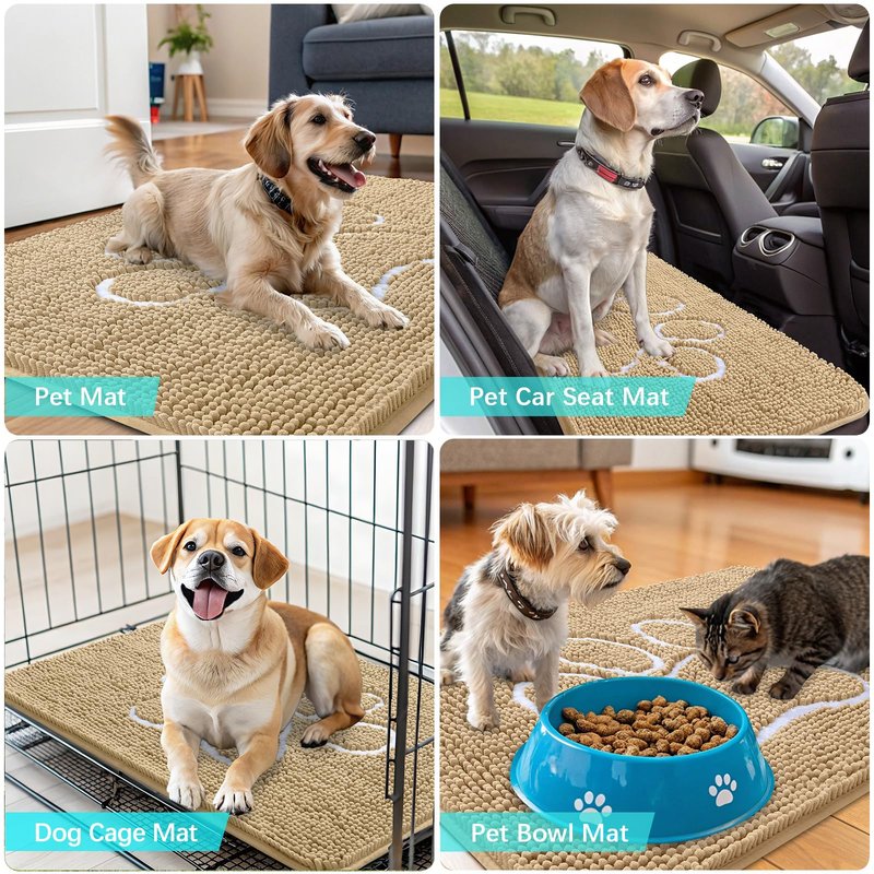 OLANLY Dog Door Mat for Muddy Paws 47x17, Paw Print Design, Absorbs Moisture and Dirt, Absorbent Non-Slip Washable Doormat, Quick Dry Chenille Mud Mat for Dogs, Entry Indoor Entryway Carpet, Beige
