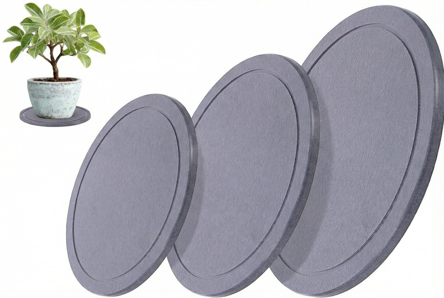 Drydiet 3 Pack Diatomaceous Earth Plant Saucer Set 6/8/10 Inch Quick Dry Absorbent Plants Tray Absorbing Plant Tray for Gardening Indoor Outdoor Plants (Charcoal Gray)
