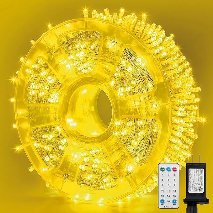 LAMPHOME 165ft Christmas Decorative Mini Lights, 500 LED Transparent Wire Fairy Starry String Light Plug in, 16Lighting Modes for Indoor Outdoor Xmas Tree Wedding Party Decoration (Yellow)