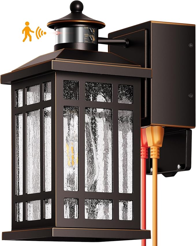 Outdoor Wall Light Fixtures with GFCI Outlet, Adjustable Sensitivity Motion Sensor Outdoor Lights, Oil Rubbed Bronze Anti-Rust Outside Lighting Fixture Sconce for Patio, Garage, Waterproof