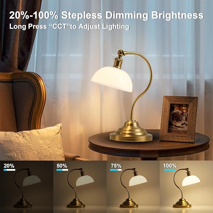 Cordless LED Table Lamp Set of 2, Battery Operated Desk Lamps with Swing Arm & Plastic Shade, Vintage Small Rechargeable Dimmable Light for Bedroom, Living Room, Nightstand, Brass/White