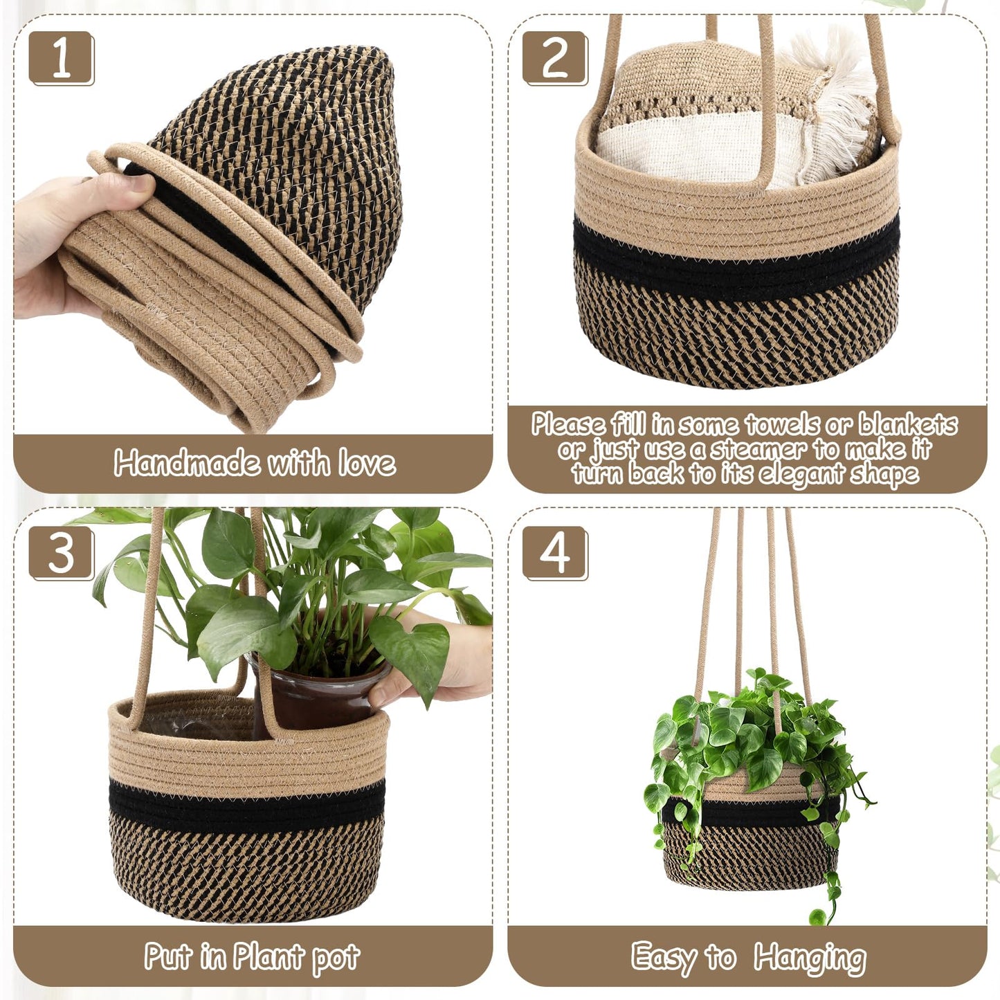 Sunnychicc 2 Packs Hanging Planter Basket 7.8" Cotton Rope Woven Plant Hangers Indoor Plant Boho Hanger Large Hanging Wall Plants for Outdoor Home Decorations Fence Planters Plant Flower Pots