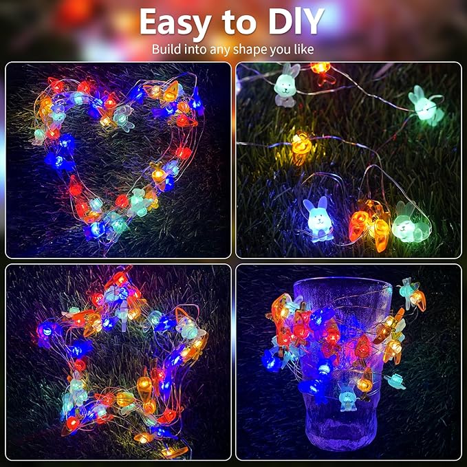 pozzolanas Led Fairy Lights Battery Operated Mini String Lights 1P 16FT Bunny Carrot String Lights 50LED IP65 Spring Rabbit for Easter Basket Eggs Party Seasonal Bedroom Decor