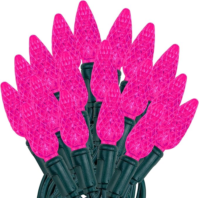 Novelty Lights 24FT 70 LED C6 Christmas String Lights, Outdoor Commercial Grade Tree Decorations, Permanent LED String Lights (Pink)