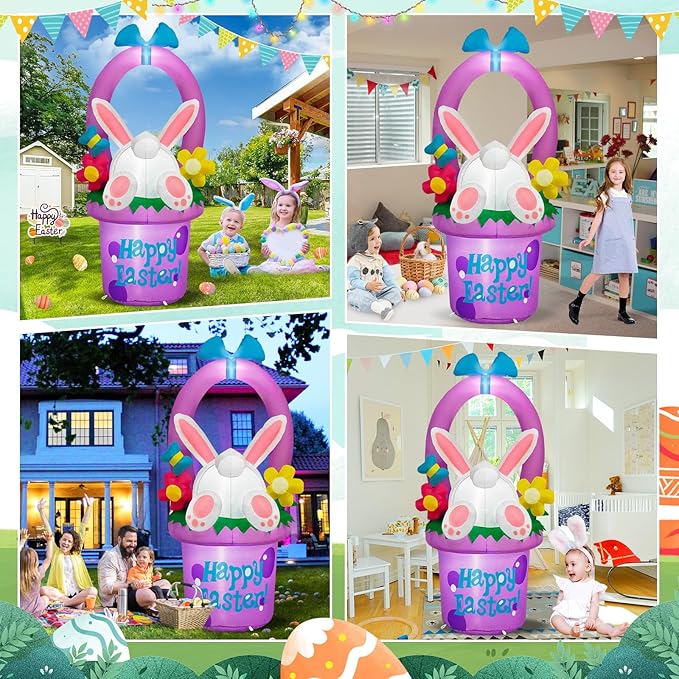 MICOCAH 6 FT Easter Inflatables Outdoor Decorations, Inflatable Easter Bunny Hidden in Flowers Basket Built-in LED Lights Cute Blow Up Yard Decoration for Spring Holiday Party Lawn Garden Decor