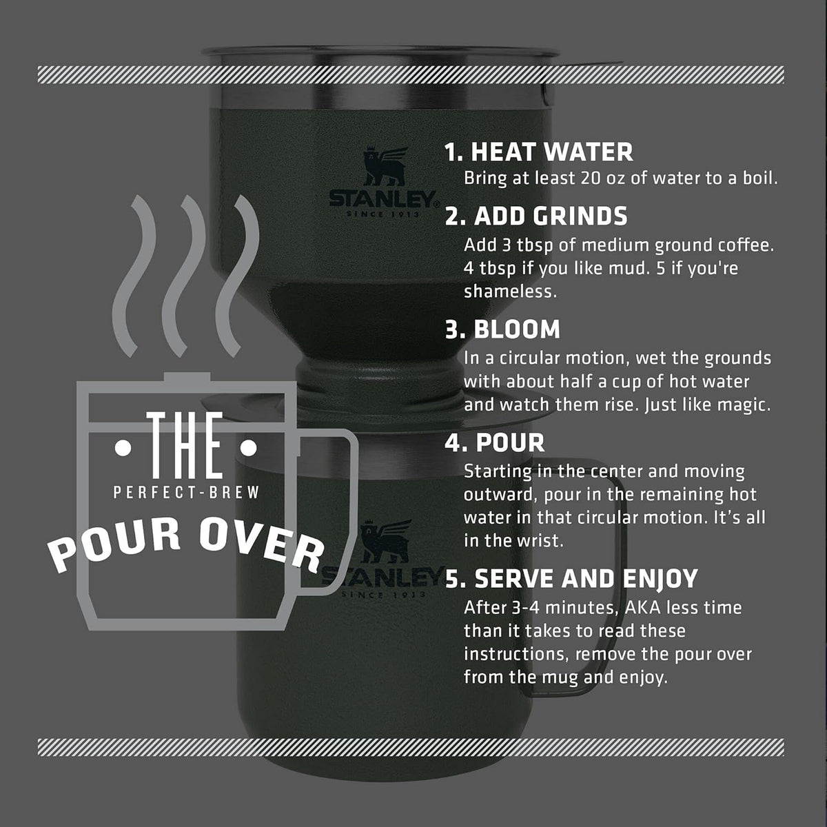 STANLEY Perfect Brew Pour Over Set - 12 oz Insulated Camp Mug with Lid & Reusable Filter | BPA-Free Hammertone Green