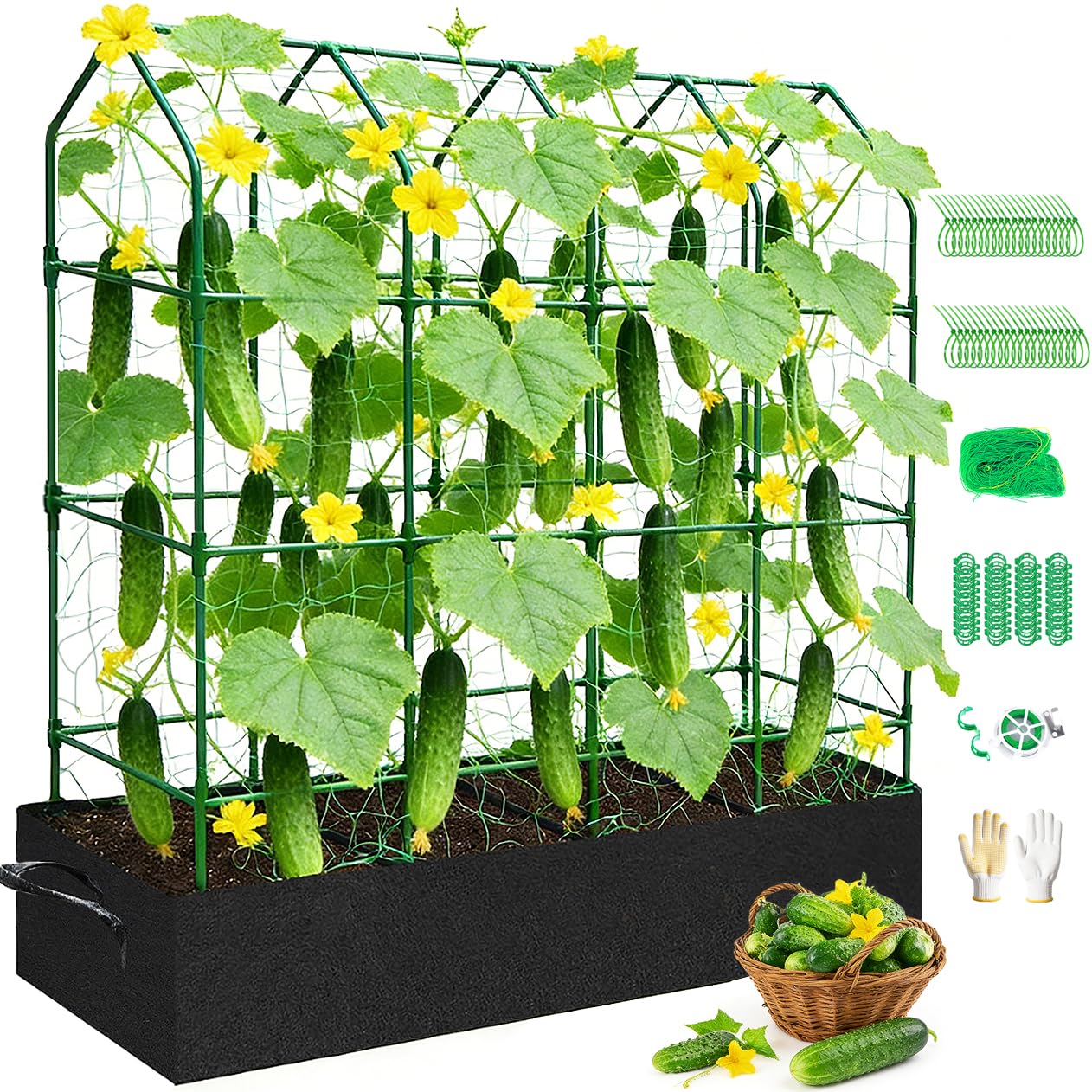 Large Cucumber Trellis for Climbing Plants Outdoor with Grow Bag,67" Tall Metal U-Frame Plant Trellis for Cucumber with Garden Netting and Plant Clip Plant Ties for Vegetables Tomatoes Squash Pea