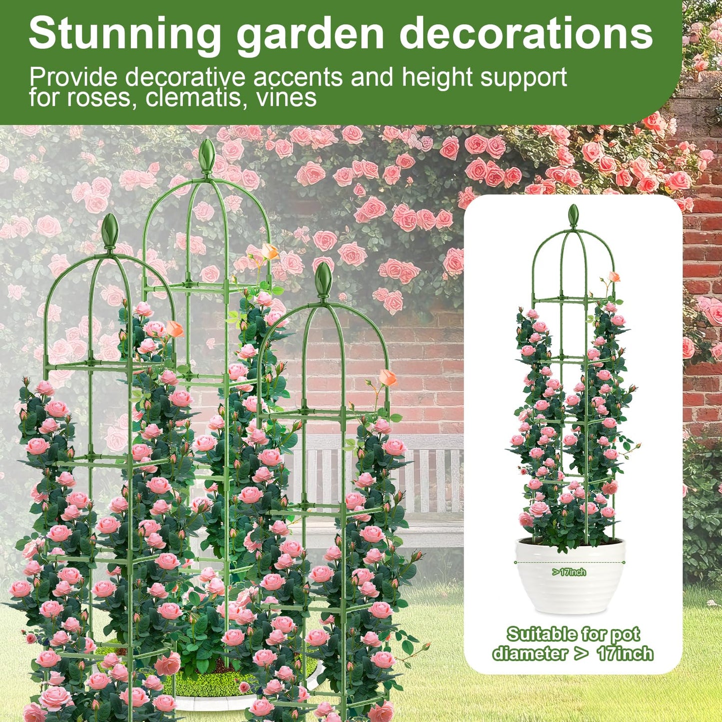 2 Pack Garden Obelisk Trellis, 70IN Tall Plant Support for Climbing Vine, Metal Covered Plastic Rustproof Heavy Duty Rose Trellis Indoor Outdoor (Green, 70 * 11.8 * 11.8IN（H*W*L）)