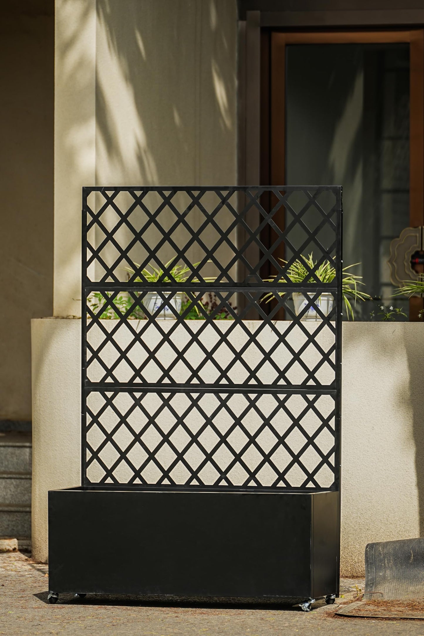 Amenitlif Galvanized Steel Raised Garden Bed with Trellis, Large Outdoor Planter Box with Lockable Casters & Drainage Holes, Privacy Screen Planter for Climbing Plants, 71"X35"X16"