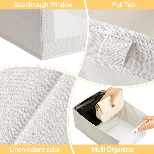 Kigley Linen Closet Organizers - 12 Pcs Foldable Storage Bins with Window for Clothes & Toys | Beige