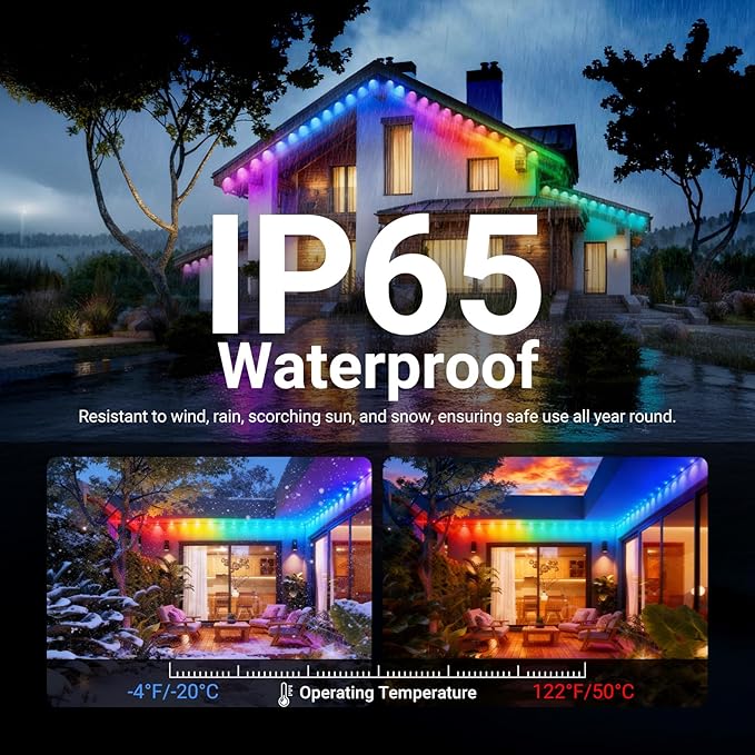 NEEWER 48ft Permanent Outdoor Lights for House Decor, Smart AI RGBCW Outside Eaves String Christmas Lighting with 30 LED Lights App Control 50+ Scenes IP65 Waterproof, Compatible with Alexa, NR02