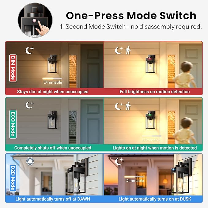 Gleamz 2-Pack Motion Sensor Porch Lights Outdoor, Dusk to Dawn Modern Black Gold Trim Exterior Light Fixtures Wall Mount for House, H11'' Waterproof Outdoor Wall Sconces for Garage, Coach, Entryway