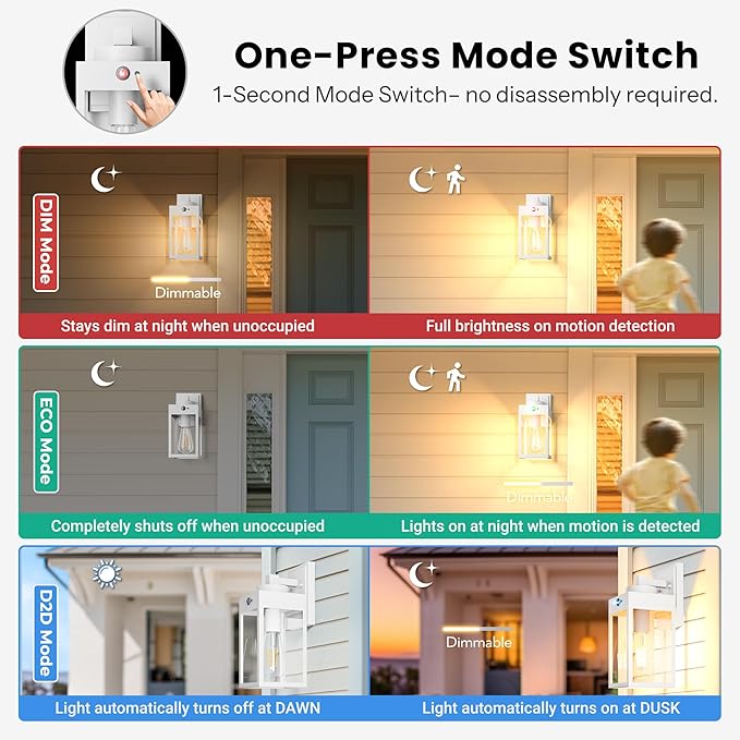 Gleamz 2-Pack White Motion Sensor Outdoor Light Fixtures Wall Mount, H11'' Modern Dusk to Dawn Exterior Wall Lantern for House Front Porch, Waterproof Outdoor Sconce Lights for Garage, Coach