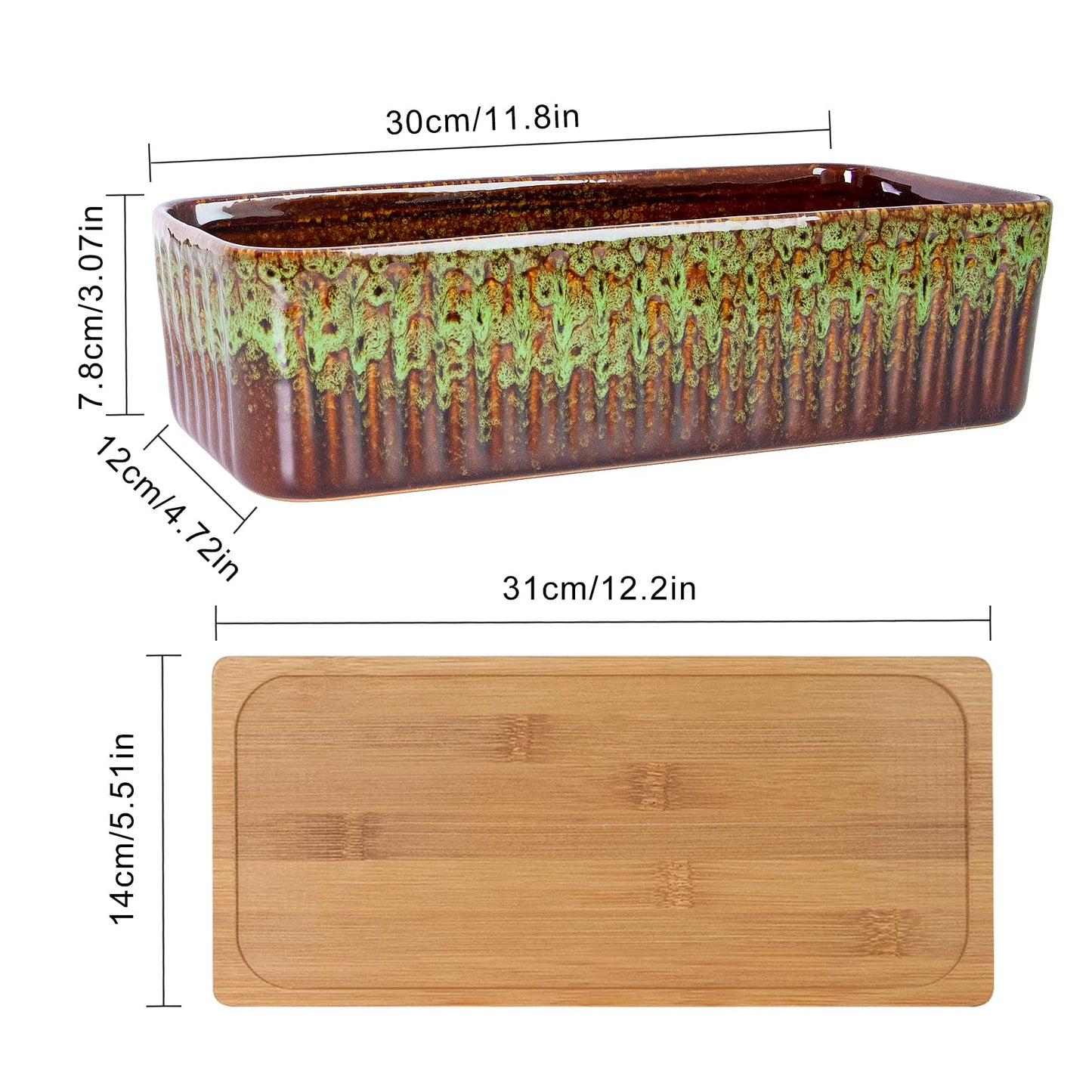 Succulent Pots - 12 Inch Large Succulent Planters with Drainage Tray, Window Sill Planter, Long Rectangle Ceramic Pots for Indoor Cactus Plants Shallow Bonsai Window Box for Home Garden Decor