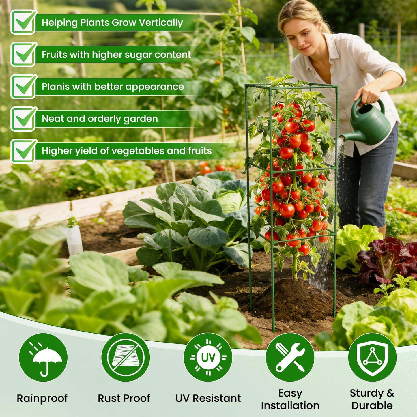 5 Pack Tomato Cages, 48'' Tall Tomato Plant Stakes Support for Raised Garden Bed Tomato, Square Trellis Cages for Garden Climbing Vegetables Flowers Fruits