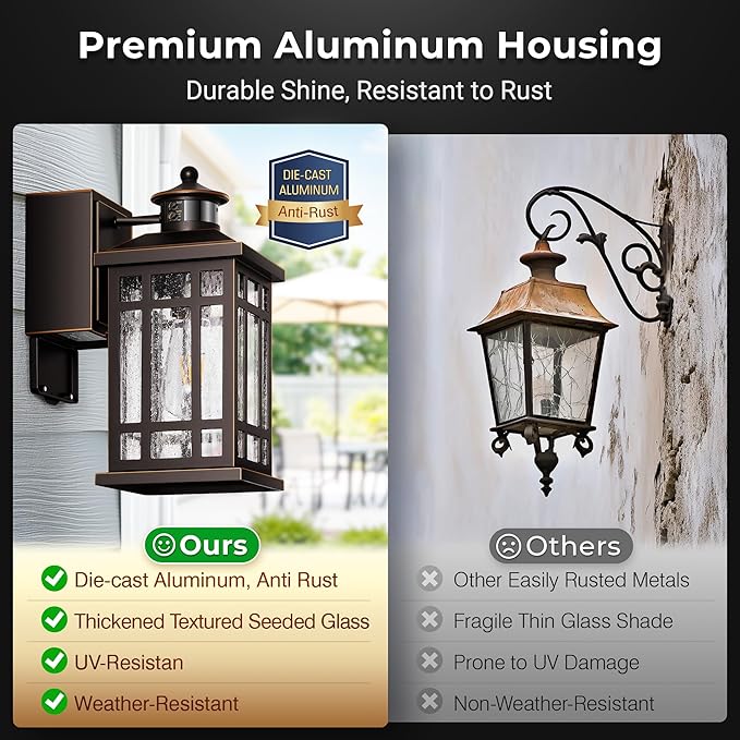 Oil-Rubbed Bronze Outdoor Motion Sensor Light with GFCI Outlet, 2-Pack Porch Lights Outdoor with Gold Trim, Dusk to Dawn lighting Wall Mount with Bubble Glass, Outside Sconces for Garage, Patio