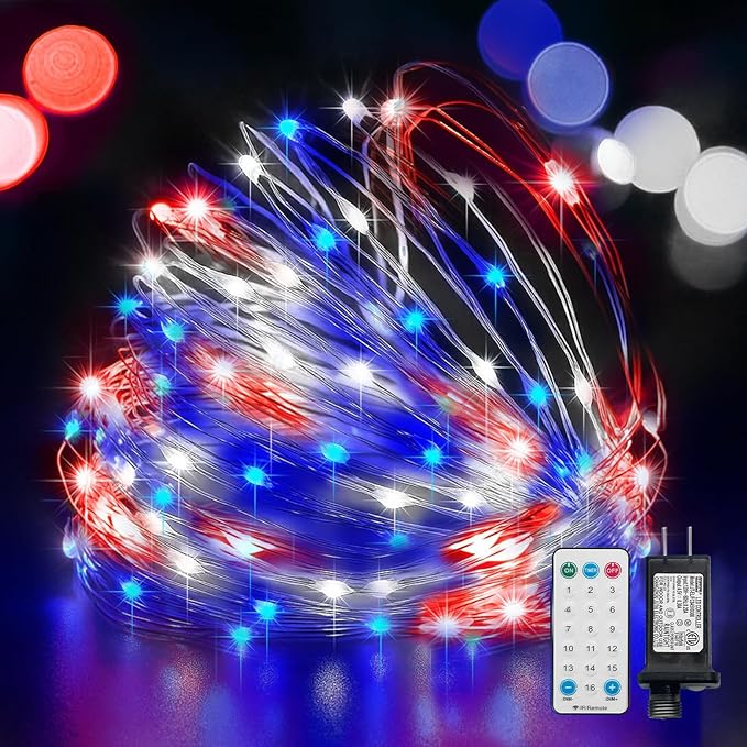 LAMPHOME Patriotic Fairy Lights Plug in, 33Ft 100 LEDs Waterproof Twinkle Firefly Lights, Adaptor Included Starry String Light for Independence Day Patriotic Holidays Decoration (Red, White & Blue)
