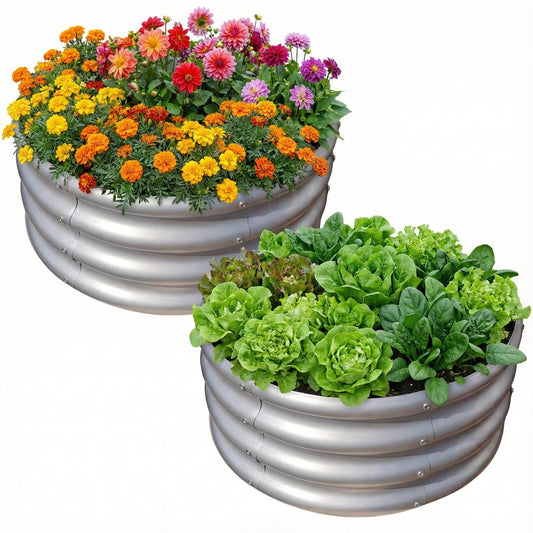 Reachible 2x2x1 FT Round Galvanized Raised Garden Bed Kit Outdoor,Garden Bed for Vegetables, Fruits, Flowers(Silver,2PCS)