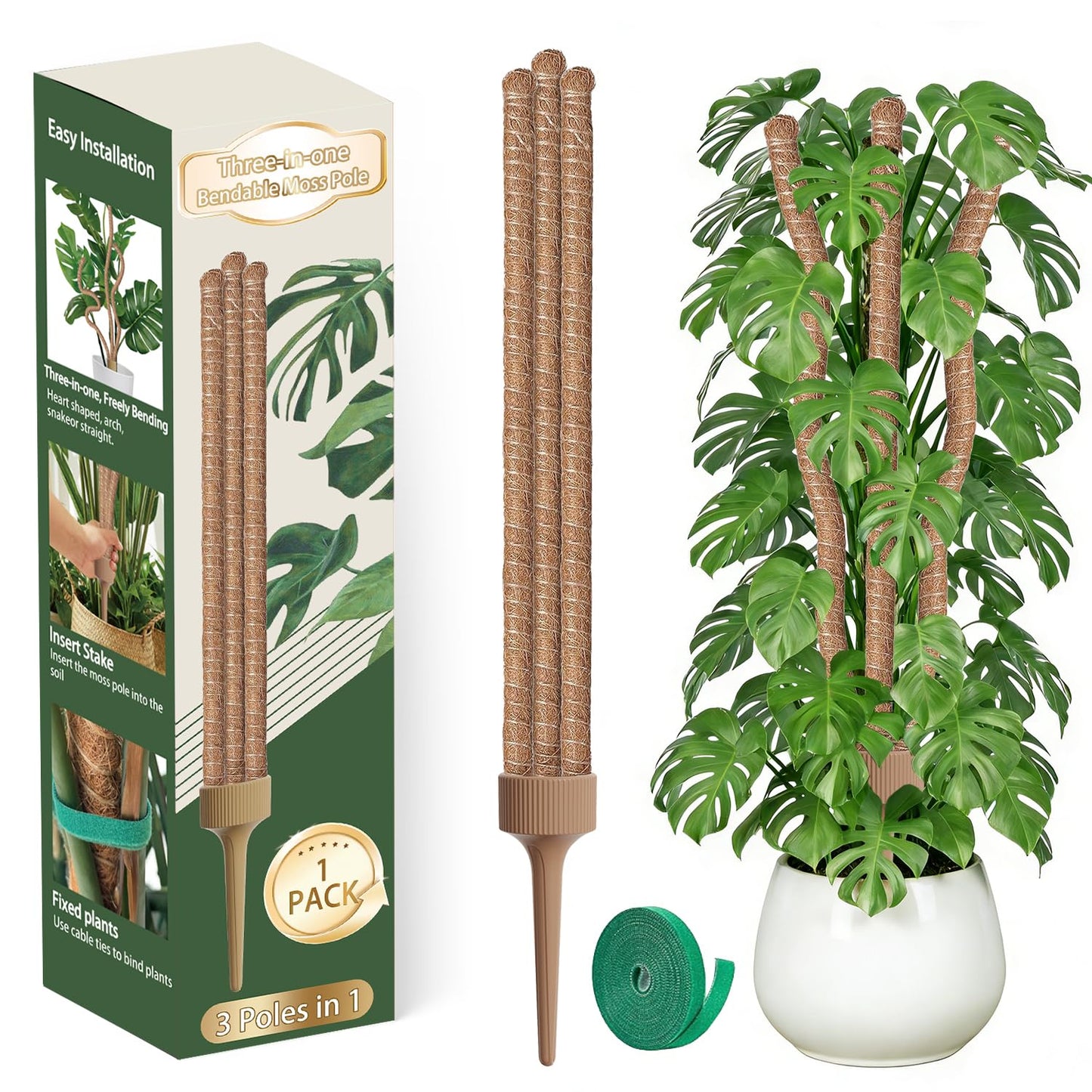 3 Moss Poles in 1, Bendable Monstera Plant Support, 29.9IN Tall Plant Stakes for Indoor Plants, Coir Pole Plant Support for Climbing Plants, Pothos, Philodendron-1 Pack