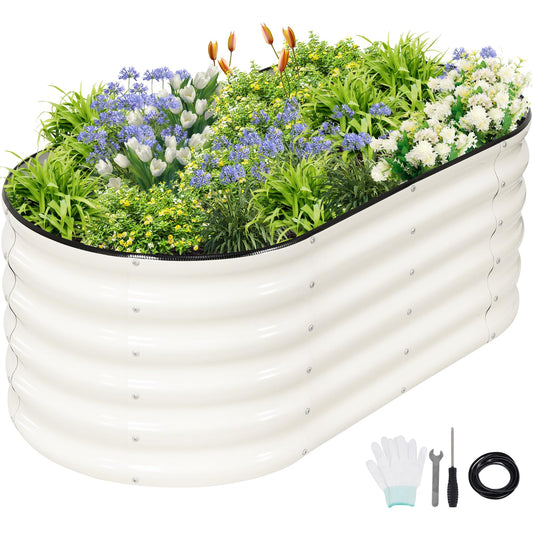 Permade Galvanized Raised Garden Bed - 4x2x1.4FT Metal Planter Boxes Outdoor | Oval Steel Raised Bed Kit for Gardening with Protective Tape, Gloves for Vegetables, Flower, Herb (White)