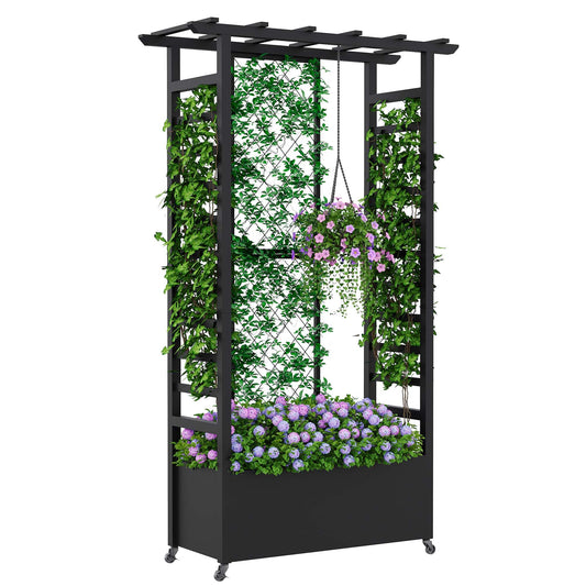 Sunnibety Raised Garden Bed with Trellis & Hanging Roof, Weatherproof Metal Planter Box with Wheels, Garden Arch Trellis for Outdoor Climbing Plants Vines Flowers, 74" H x 44" L x 17" W, Black