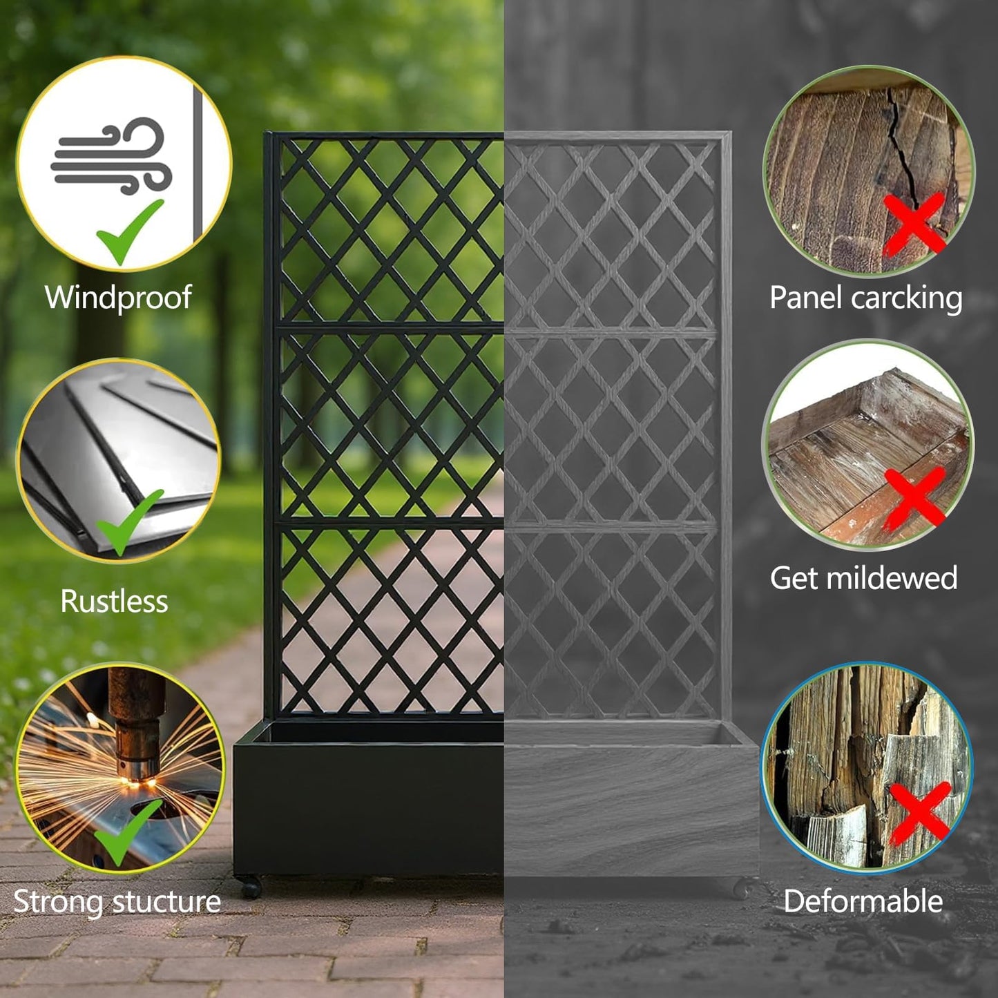 GAOMON Metal Planter Box with Diamond Lattice Trellis & Wheels, Raised Garden Bed w/Privacy Screen & Drainage Hole for Climbing Plants, Flower & Vine (72 in x35 in Black)