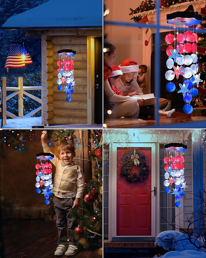 Toodour Solar Decorative Lights Outdoor, Red White Blue Shells Lights Gifts for Mom Grandma Women Wife Girls, Solar Wind Chimes Outside Decorative Mobile Light for Garden Porch Yard Window Decor