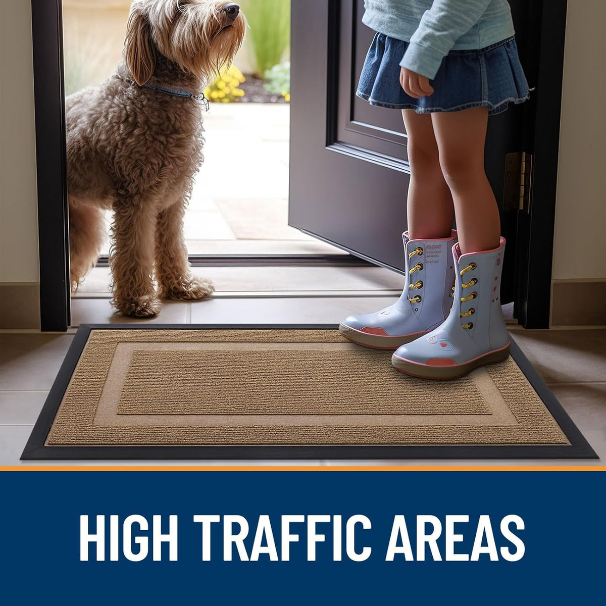 OLANLY Waterproof Front Door Mat - All-Season, Sturdy Natural Rubber, Easy Clean | 35x23, Light Brown