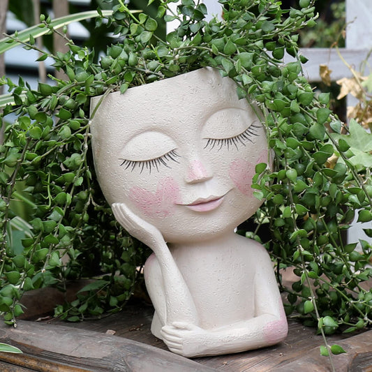 UMESONG Smiley Face Flower Planters Pots for Indoor Plants Resin Head Planter with Drainage Hole One Hand Hold Cute Face Succulent Pots with Closed Eyes for Outdoor Garden Planter (Light)