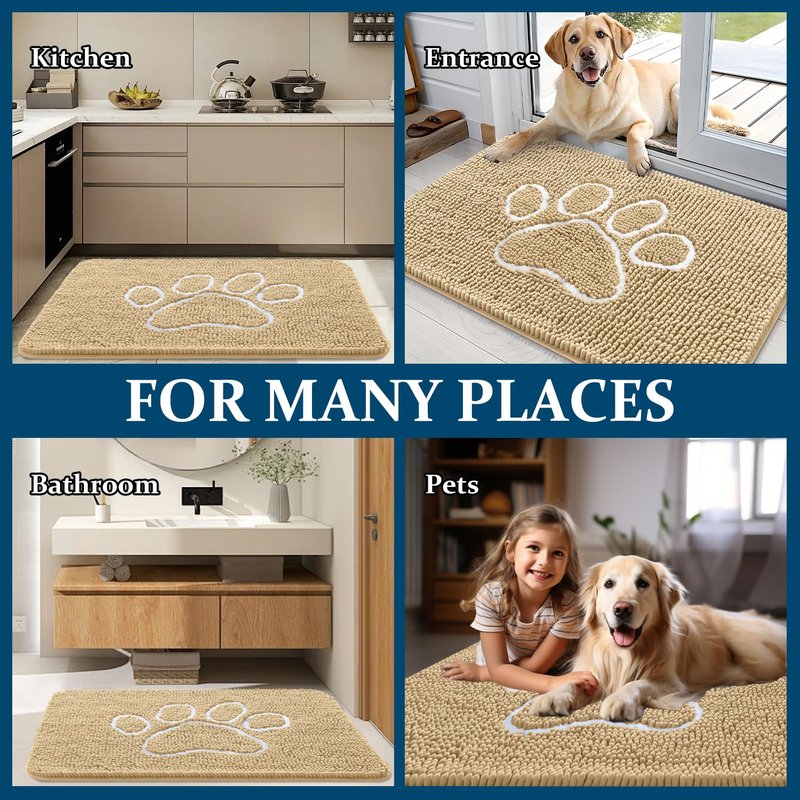 OLANLY Dog Door Mat for Muddy Paws 47x17, Paw Print Design, Absorbs Moisture and Dirt, Absorbent Non-Slip Washable Doormat, Quick Dry Chenille Mud Mat for Dogs, Entry Indoor Entryway Carpet, Beige