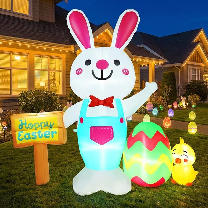 5FT Easter Inflatable Outdoor Decorations Bunny with Egg & Chick Blow Up Yard Ornament with Soft LED Illumination Stable Blower & Fixing Kit for Spring Lawn Decor Garden Holiday Party Display