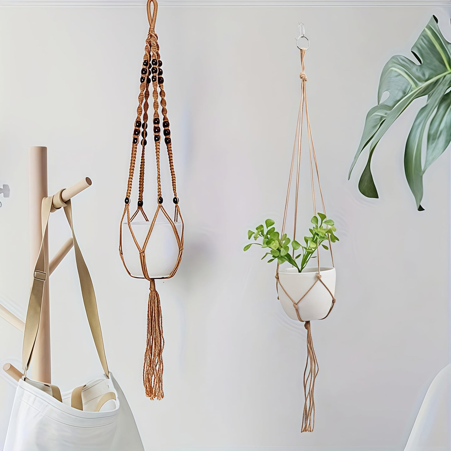 2 PCS Macrame Plant Hangers Indoor Outdoor Jute Hanging Planter Baskets with Wood Beads Handwoven Decorative Flower Pot Holders Boho Home Decor, 47" Beads Style+35" Simple Style (POTS NOT Included)