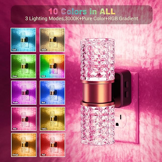 JandCase Night Lights Plug into Wall,2 Pack Color Changing Night Light for Kids, 3000K+RGB LED Nightlight with Dusk to Dawn Sensor, 10/50/100LM Adjustable Brightness for Rooms Decor