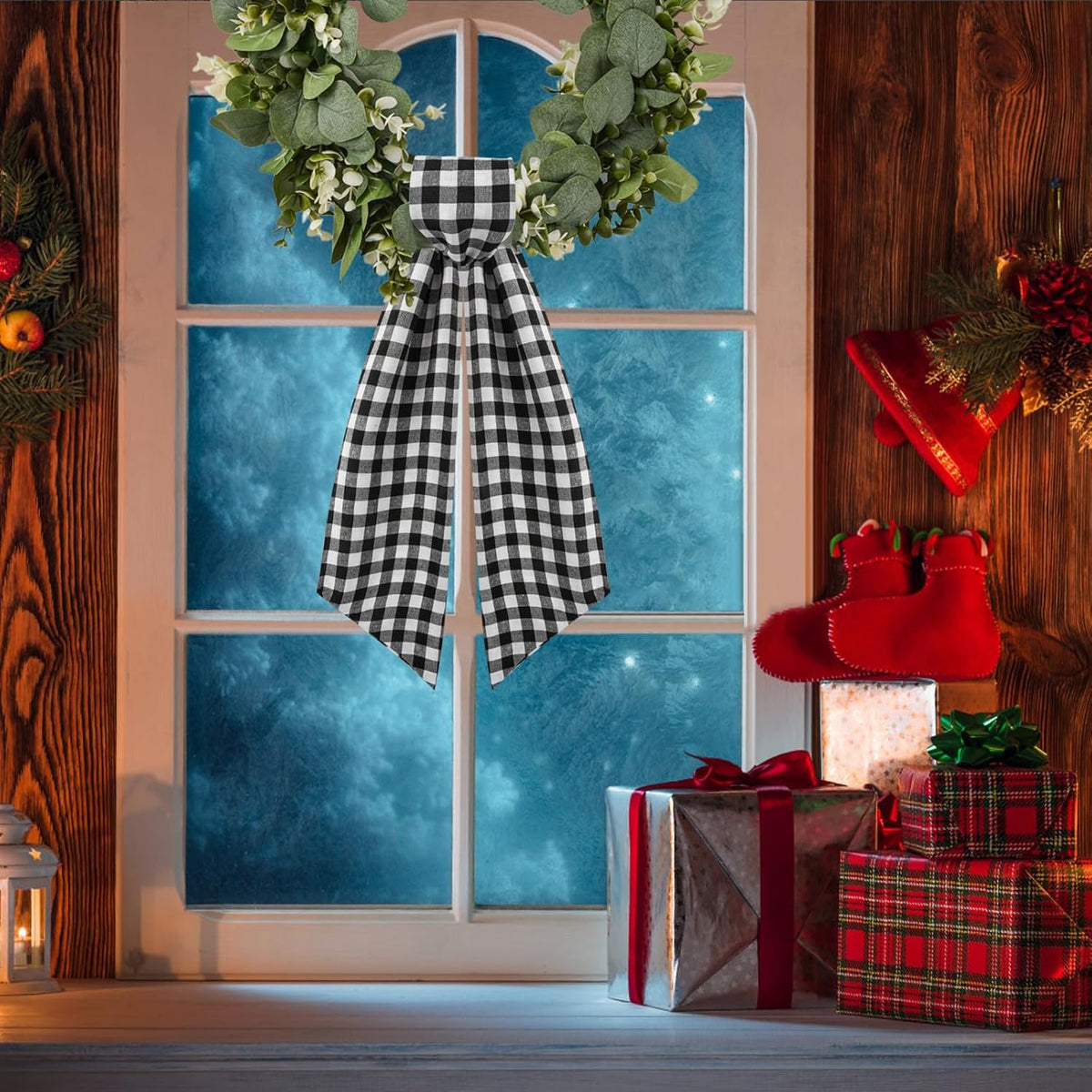 Skiennix 2 Pack Wreath Sash - Stylish Boxwood Garland Decor for Front Door | White & Black Plaid