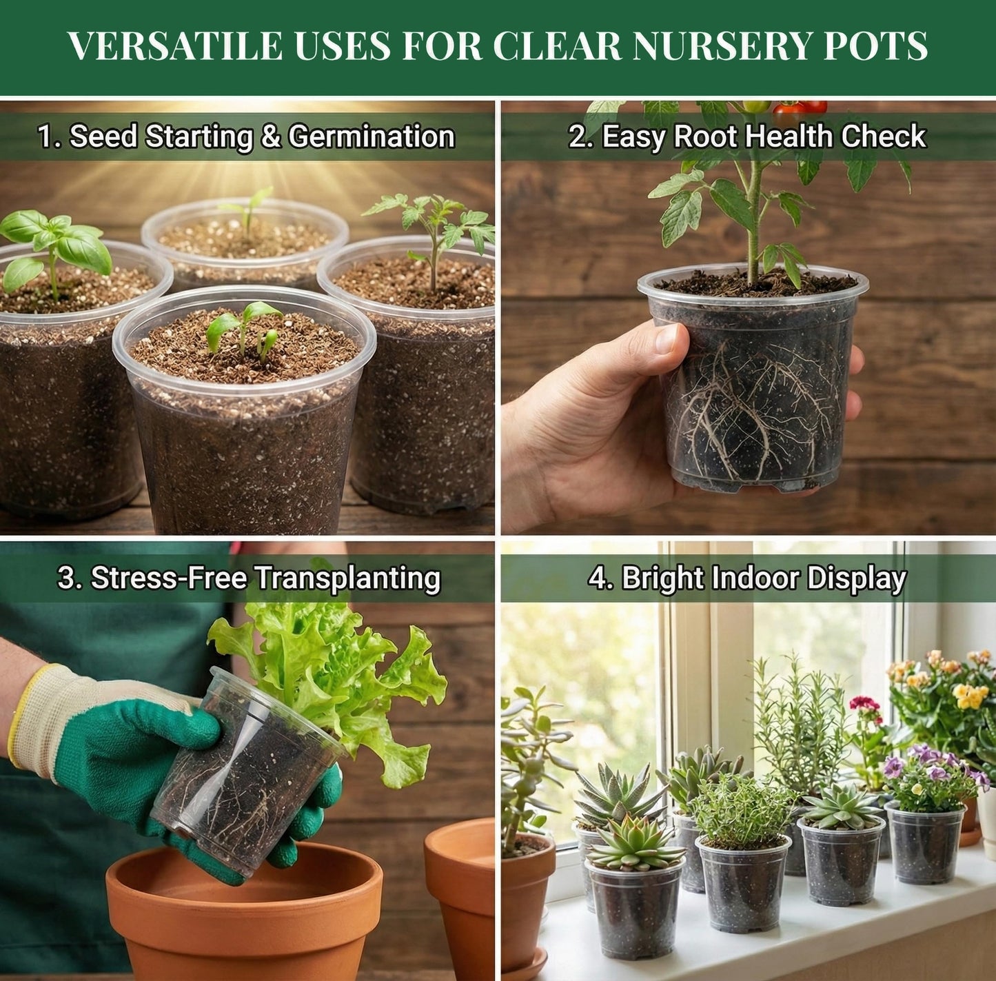 ENNUFO Clear Nursery Pots with Drainage, 30 Pack 4/5/6 Inch Plastic Pots for Indoor Plants, Transparent Seed Starter Pots, Clear Plant Pots with Drainage Holes, Pot Liners for Seedlings & Houseplants