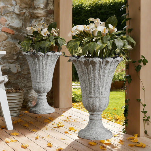 Diyfire Plastic Urn Planters Set of 2, 23.6" Tall Pedestal Planter with Drainage Holes, Vintage Petal Garden Planter Urns for Front Porch, Large Plant Urns Outdoor & Indoor Flower Pots, Gray