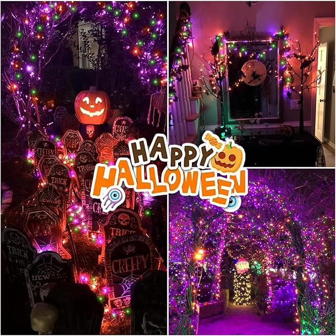 LAMPHOME 165ft Halloween Lights, 500 LED Transparent Wire Fairy Starry String Light Plug in, 16Lighting Modes for Indoor Outdoor Xmas Tree Wedding Party Decoration (Orange Purple Green)