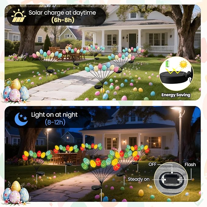4 Pack Solar Easter Egg Lights with 32 Multicolor LED Eggs, Waterproof Colorful Solar Powered Outdoor Lights for Yard, Pathway, Porch & Patio - Easter Decorations