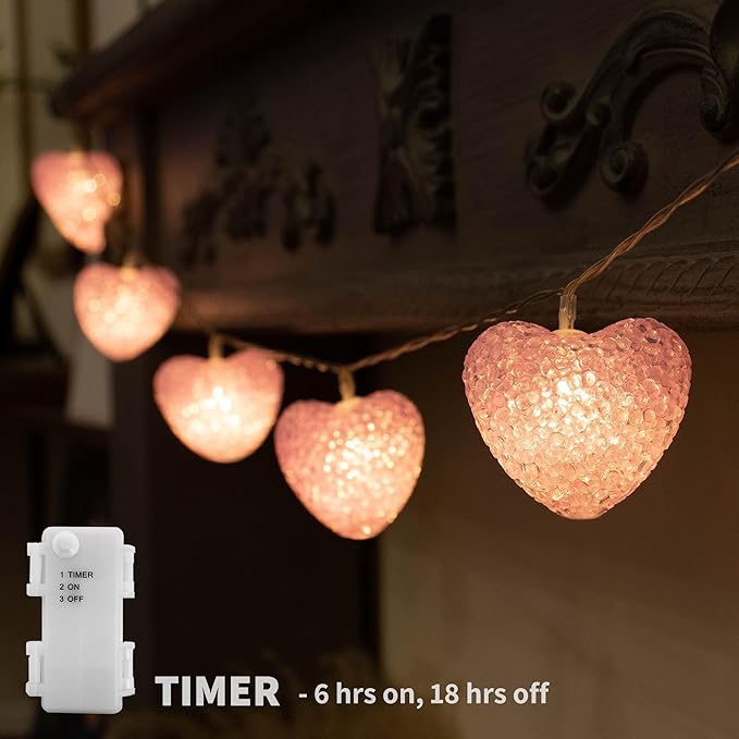 YOLIGHT Pink Heart String Lights, 6.5ft 10 LED Valentines Lights Battery Operated with Timer, Heart Decoration for Home Window Girls Room Wedding Party Mother's Day(Warm White)