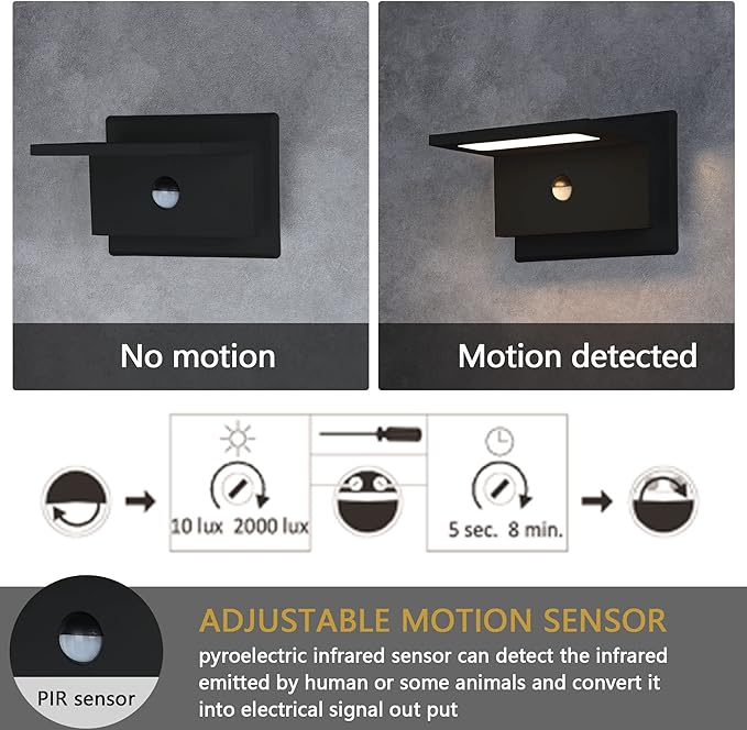 2 Pack Outdoor Wall Light Black LED Motion Sensor Porch Light Wall Mount Lamp for Garage House IP54 Waterproof 680LM 10W