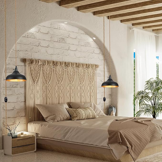 Plug in Pendant Lights Dome Hanging Lamp with Dimmable Switch 15 Ft Long Hemp Rope Farmhouse Pndant Light Cord Lighting Fixture DIY Hanging Light