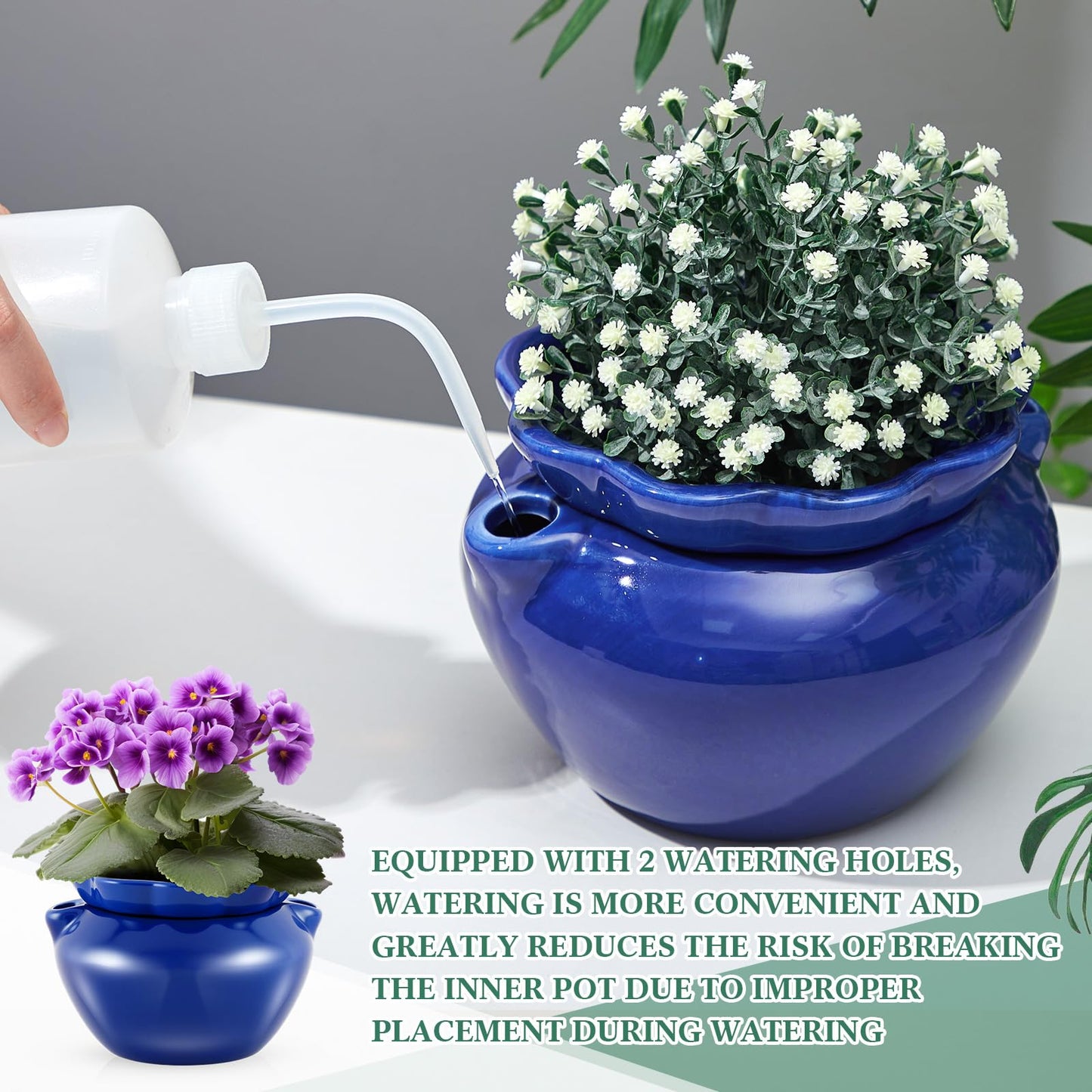 Sunnychicc 2 Sets African Violet Pots 7.5 Inch Self Watering Pot for Indoor Ceramic Self Watering Planter for Flower Lovers Ideal Plant Pot Thriving Flower Maintenance