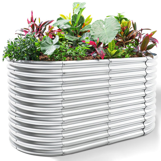 Land Guard 8x4x3ft Oval Galvanized Raised Garden Beds, Large-Capacity Metal Planter Box Outdoor, Durable Deep Raised Garden Bed 3ft Tall, Raised Beds for Gardening Vegetables, Classic Silver