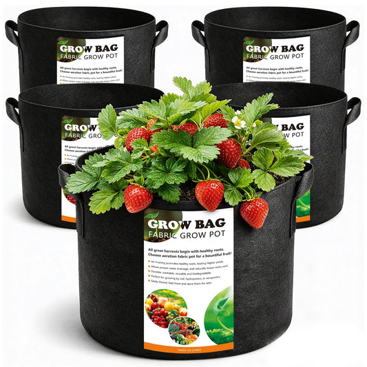 COKIELE 5 Pack 5 Gallon Grow Bags, Thickened Aeration Nonwoven Fabric Plant Pots with Handles, Heavy Duty 300G Garden Planting Bag for Tomato, Potato, Strawberry, Vegetable, Fruits and Flowers
