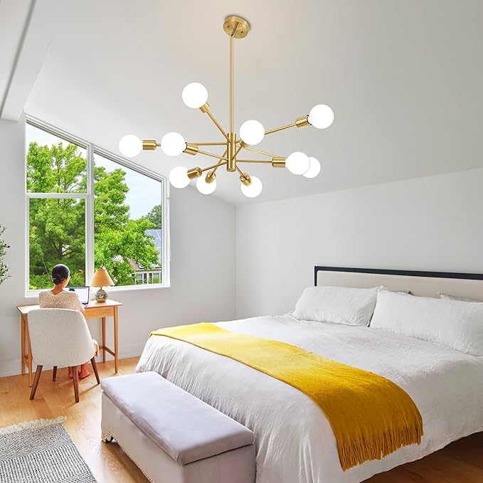Sputnik Chandelier Modern Gold Chandelier Mid Century Ceiling Lighting Fixtures 10 Lights E26 for Living Room, Kitchen Island, Bedroom, Dining Room, and Farmhouse