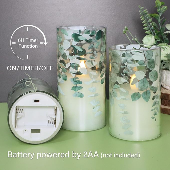 Green Glass Flameless Candles Remote Timer Eucalyptus Leaves Greenery Design Battery Operated Flicker Pillar Candle for Wedding Centerpiece Spring Easter Farmhouse Home Decoration, Set of 3