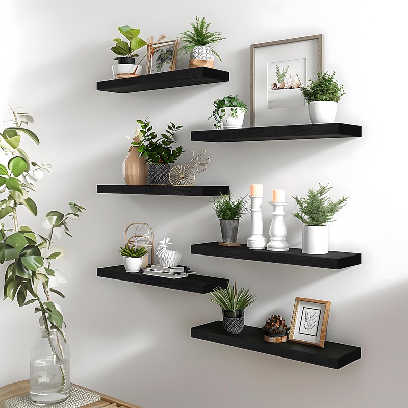 YFYEO Black Wood Floating Shelves for Wall Rustic Wall Shelf for Bedroom Living Room Set of 4