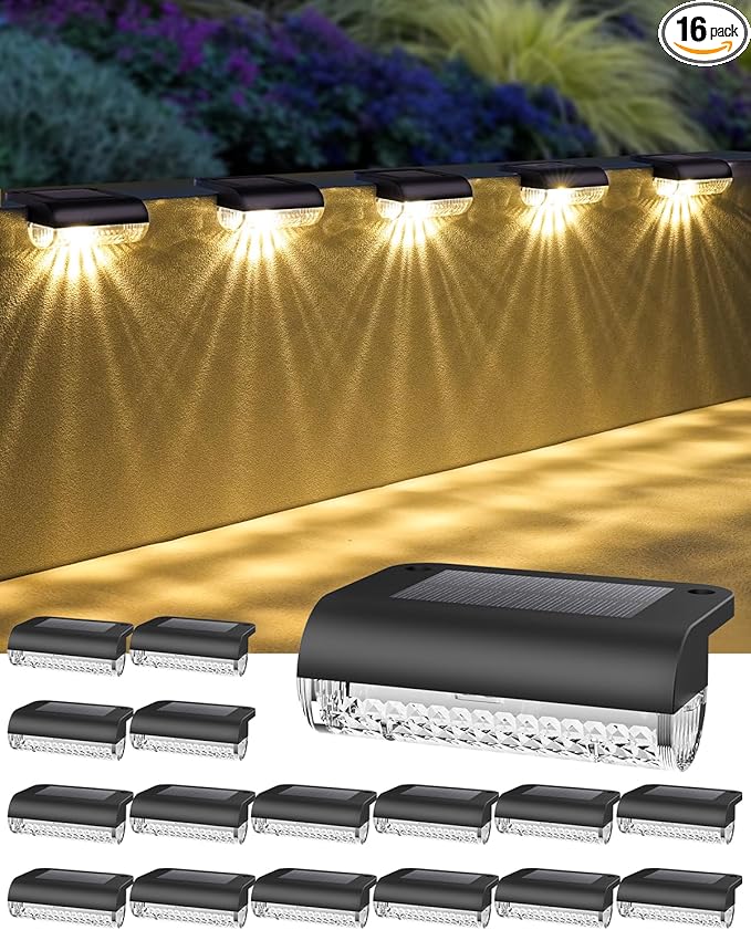 Herzla 16 Pack Solar Deck Step Lights, Solar Step Lights for Outdoor Stairs, 3000K Warm White, Auto Dusk-to-Dawn, Weatherproof, Low Profile, for Fence Deck Railing Patio