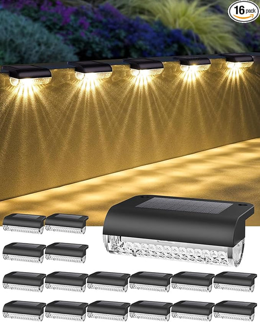 Herzla 16 Pack Solar Deck Step Lights, Solar Step Lights for Outdoor Stairs, 3000K Warm White, Auto Dusk-to-Dawn, Weatherproof, Low Profile, for Fence Deck Railing Patio